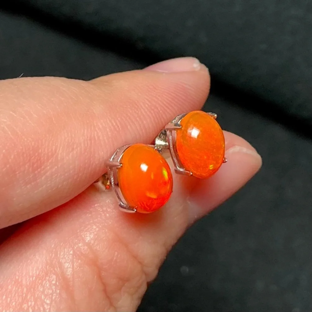 Fire Opal Earrings Ethiopian Fire Opal Earrings Sterling Silver Opal Earrings - Picture 3 of 7
